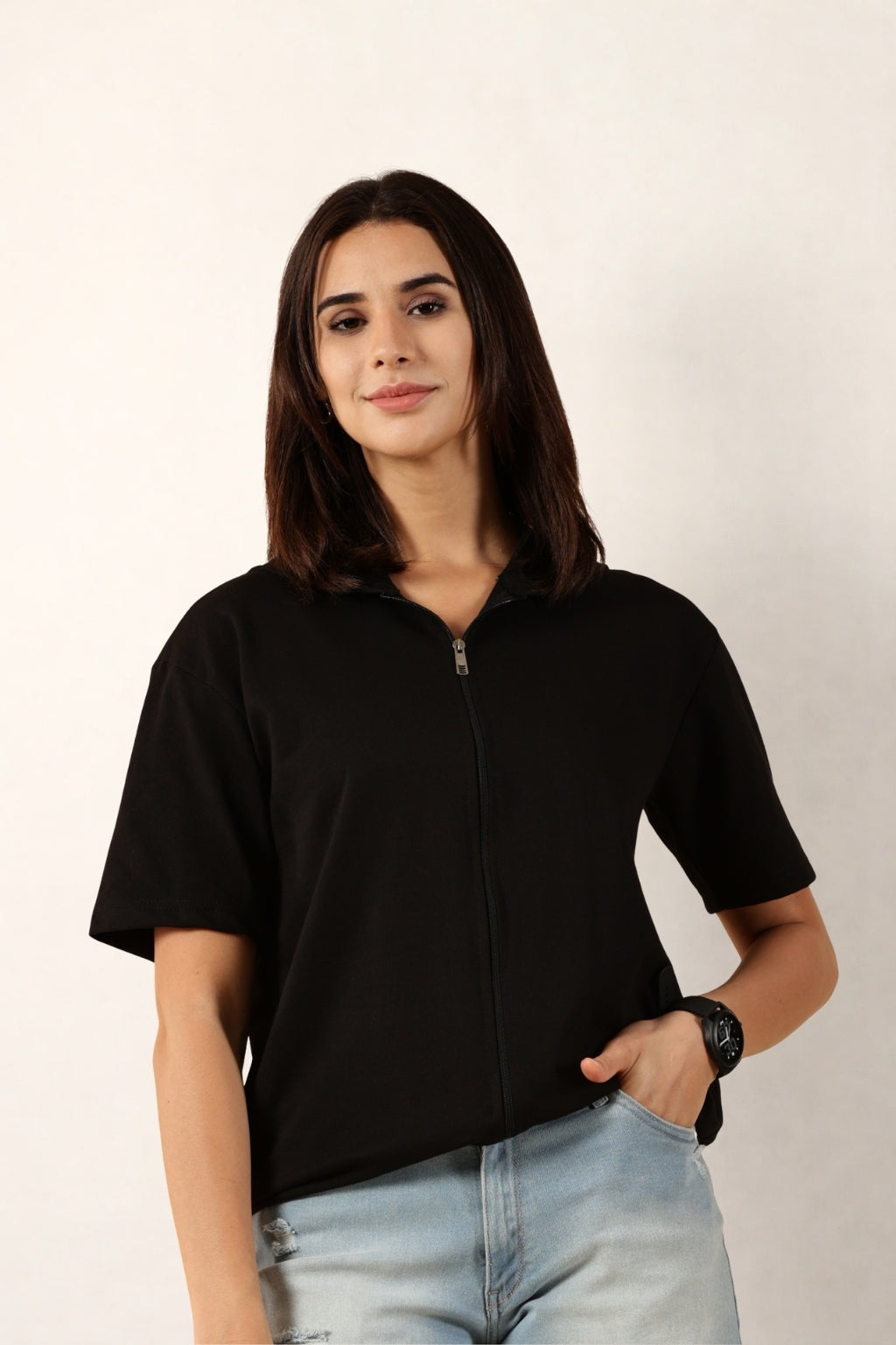 Half Sleeve Zip Hoodie | Black
