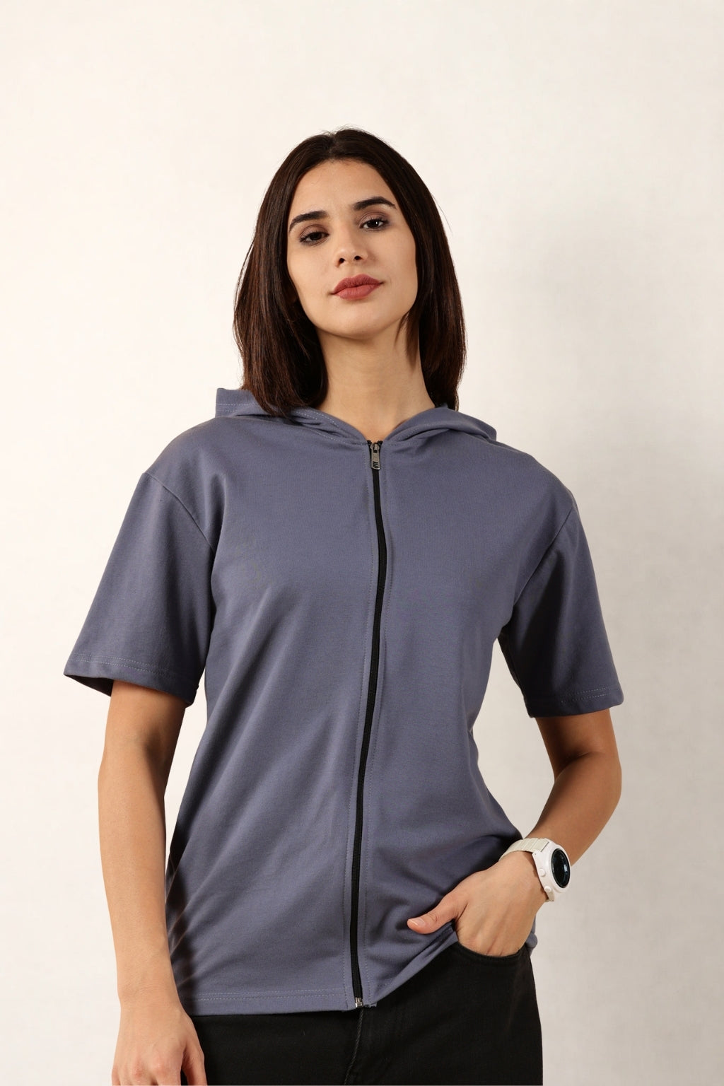 Half Sleeve Zip Hoodie | Blue