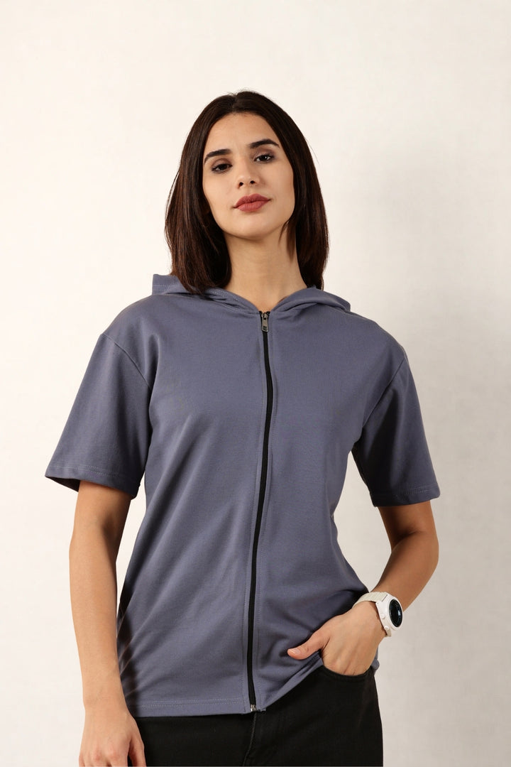 Half Sleeve Zip Hoodie | Blue