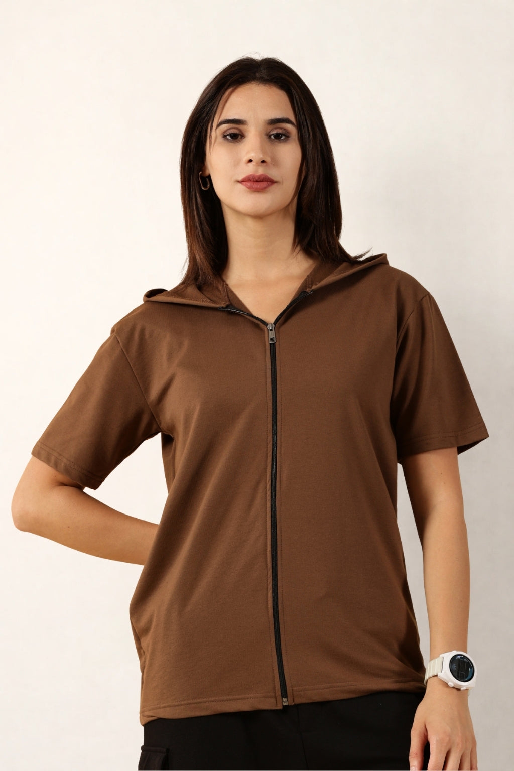 Half Sleeve Zip Hoodie | Brown