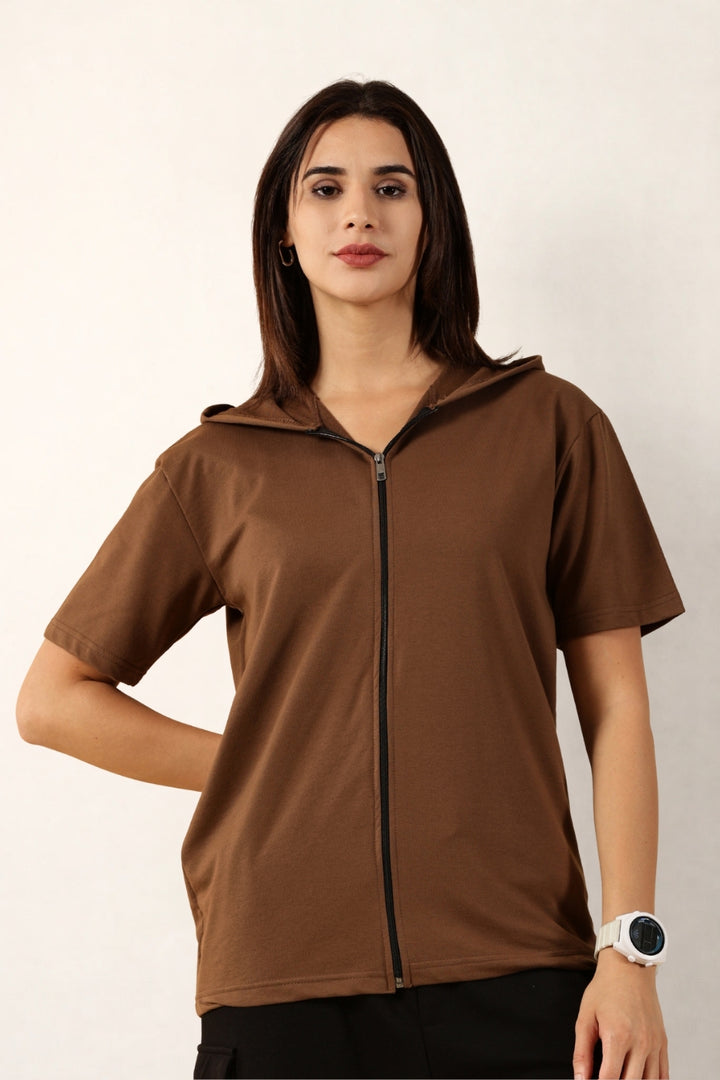 Half Sleeve Zip Hoodie | Brown