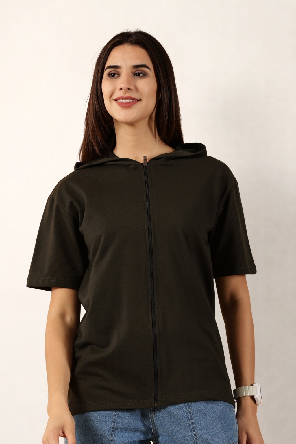 Half Sleeve Zip Hoodie | Olive