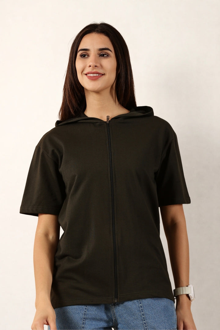 Half Sleeve Zip Hoodie | Olive