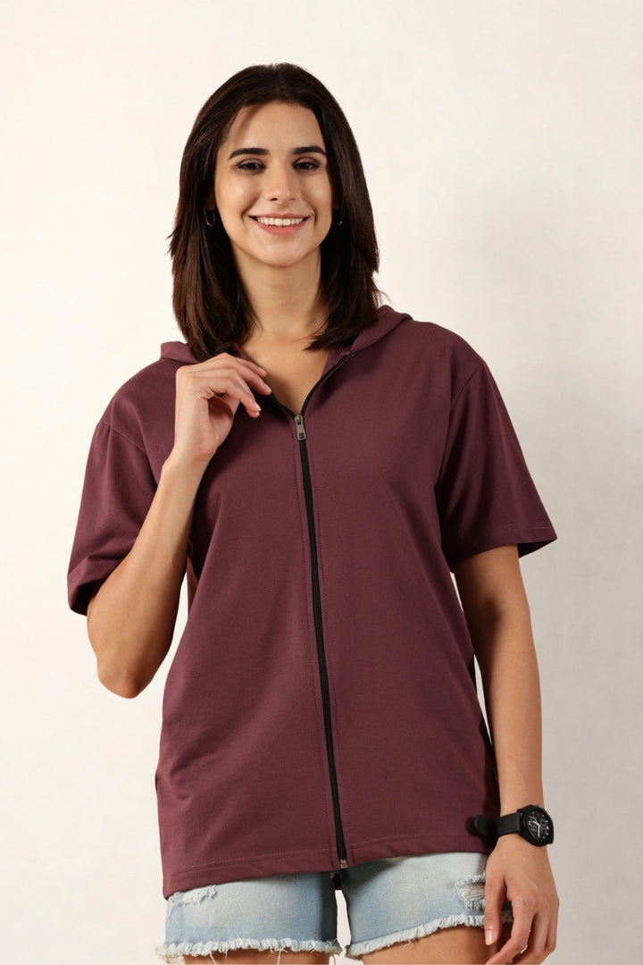 Half Sleeve Zip Hoodie | Mauve