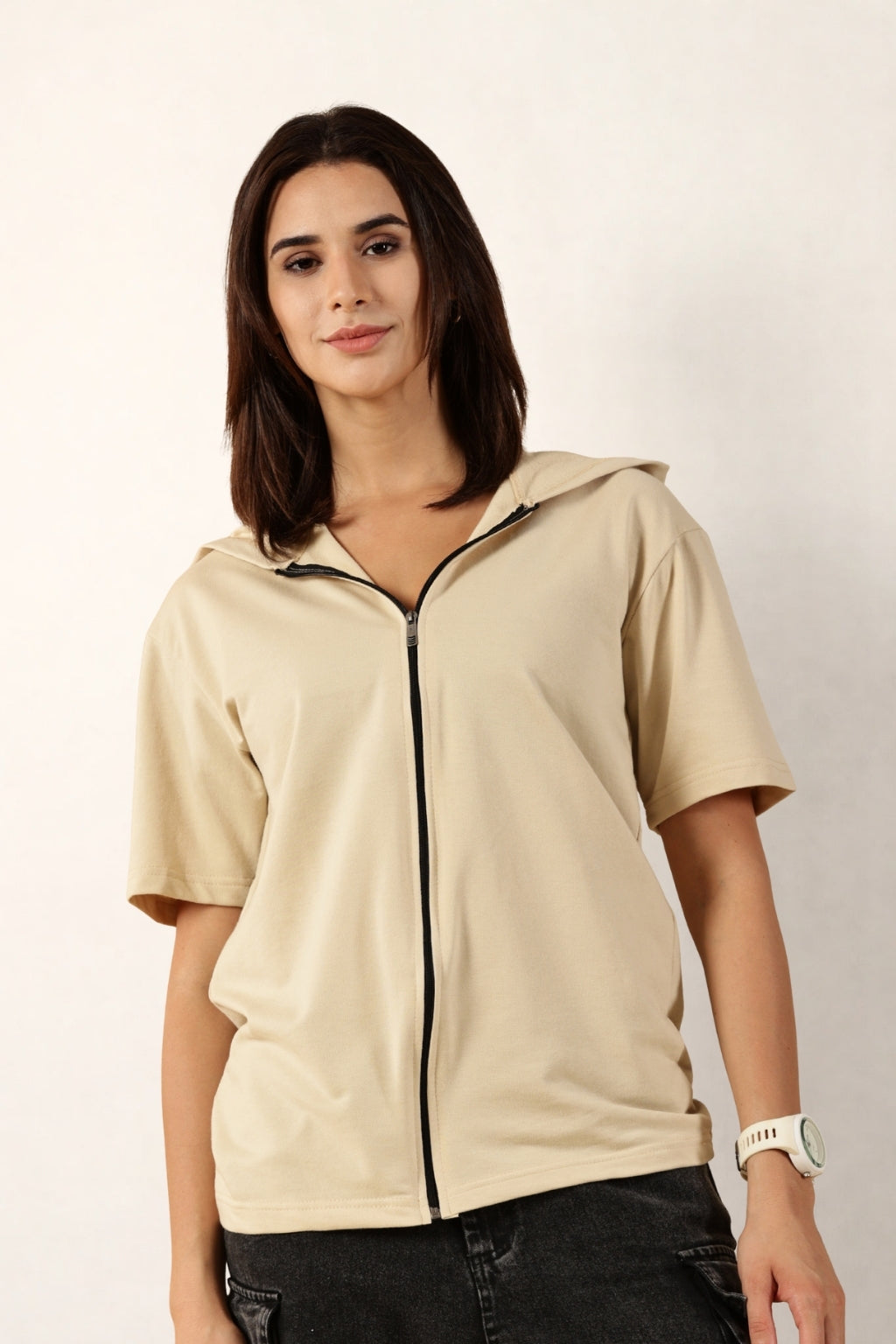 Half Sleeve Zip Hoodie | Cream