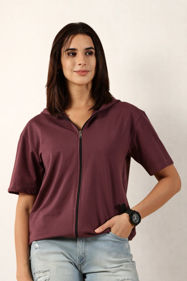 Half Sleeve Zip Hoodie | Mauve