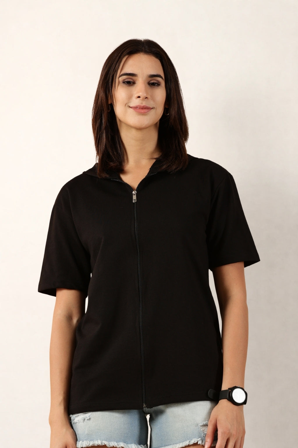Half Sleeve Zip Hoodie | Black