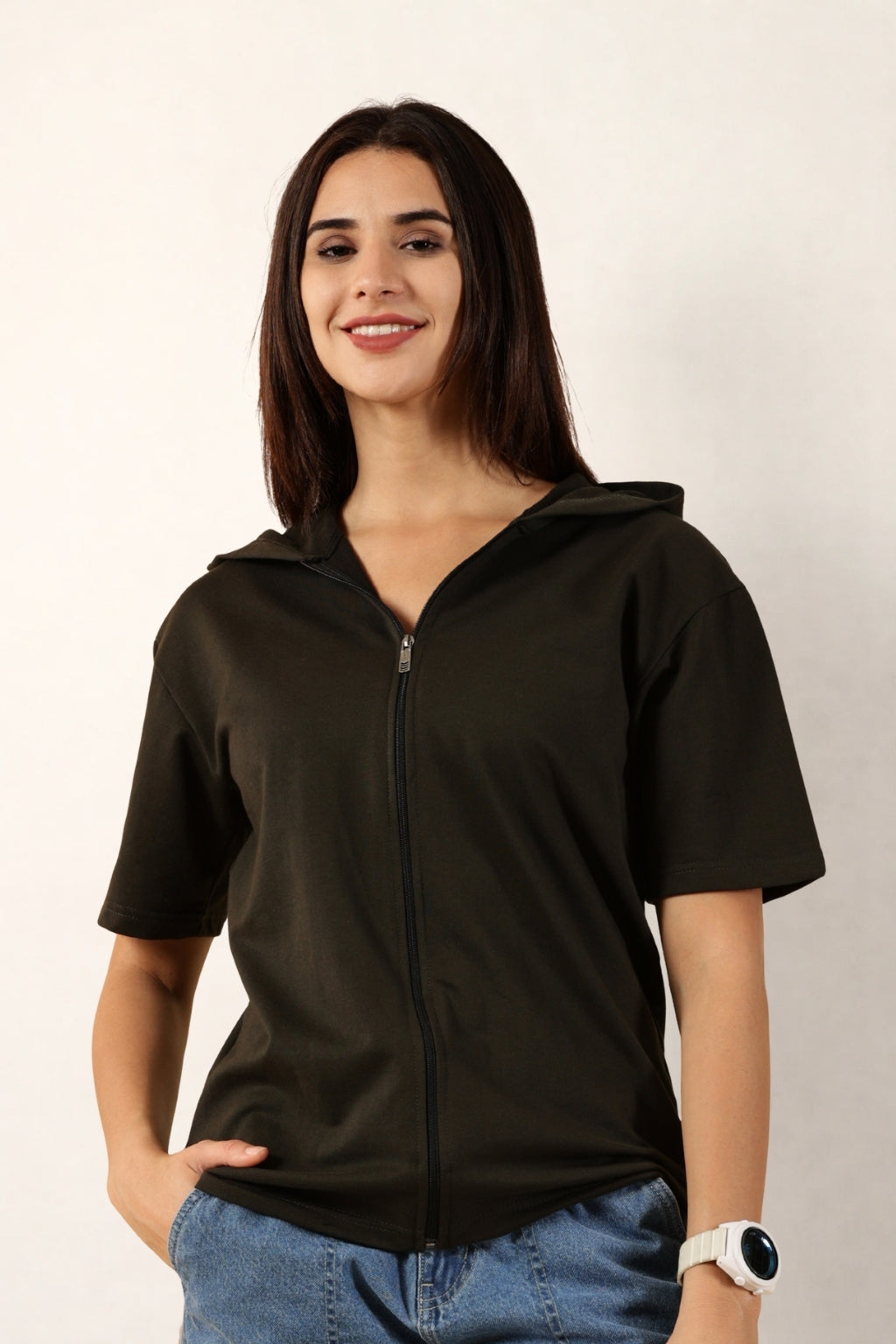 Half Sleeve Zip Hoodie | Olive