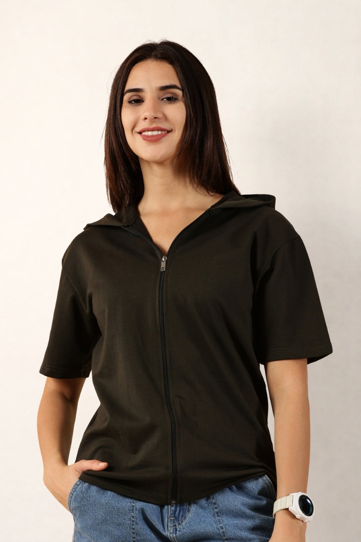 Half Sleeve Zip Hoodie | Olive