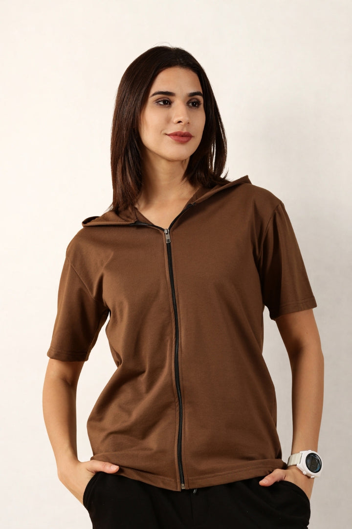Half Sleeve Zip Hoodie | Brown