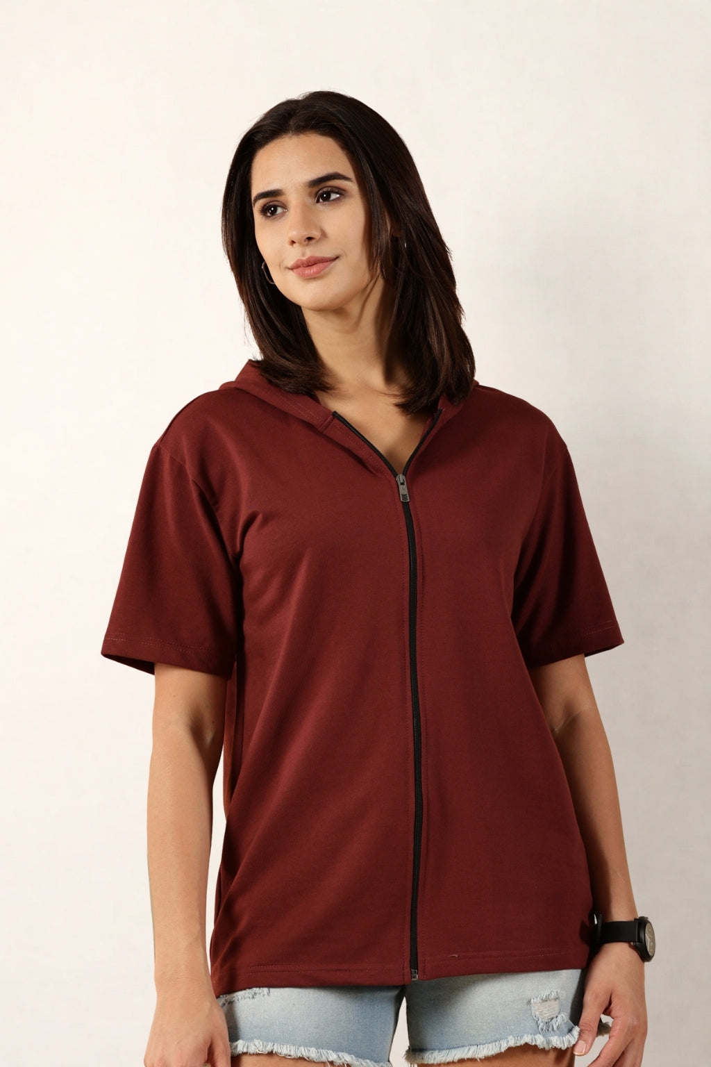 Half Sleeve Zip Hoodie | Maroon