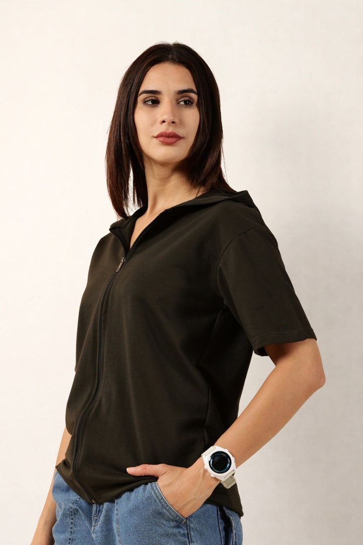 Half Sleeve Zip Hoodie | Olive
