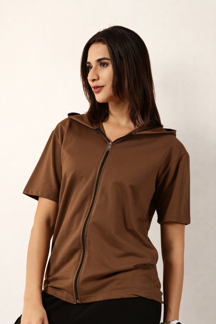 Half Sleeve Zip Hoodie | Brown