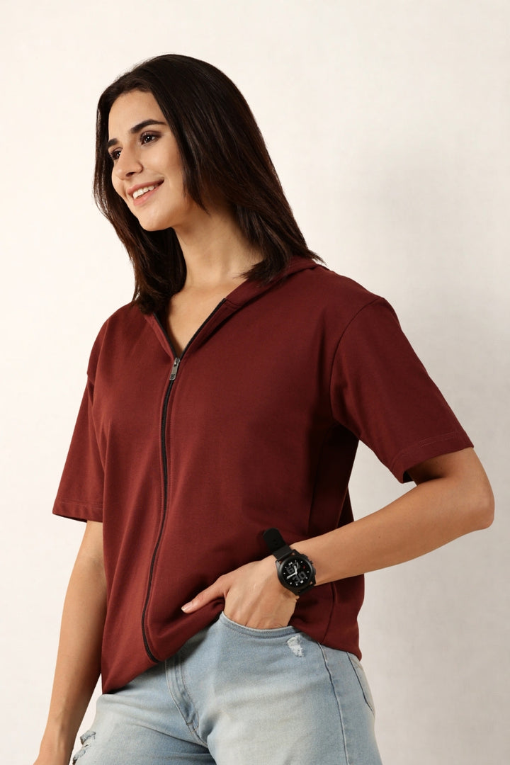 Half Sleeve Zip Hoodie | Maroon