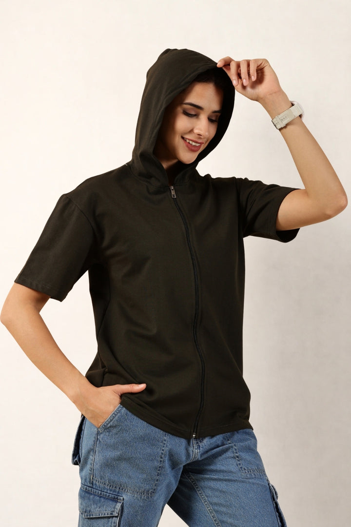 Half Sleeve Zip Hoodie | Olive