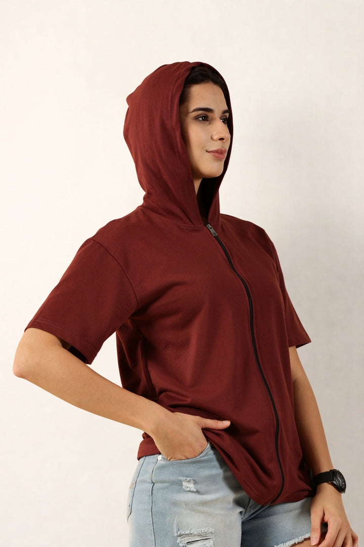 Half Sleeve Zip Hoodie | Maroon