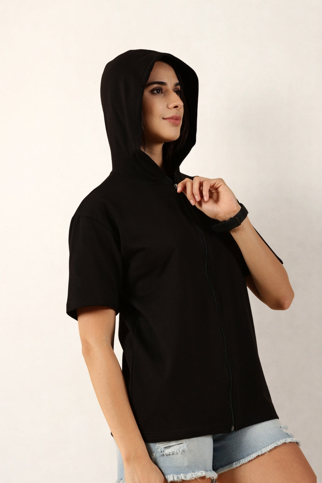 Half Sleeve Zip Hoodie | Black