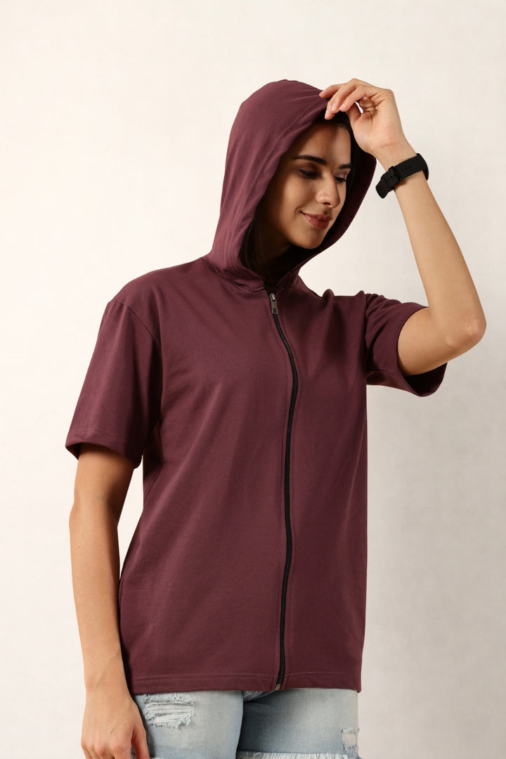 Half Sleeve Zip Hoodie | Mauve