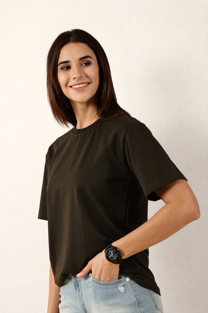 Women Olive T-Shirt | Round Neck