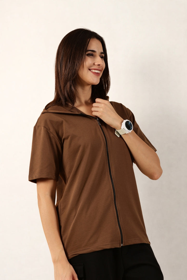 Half Sleeve Zip Hoodie | Brown