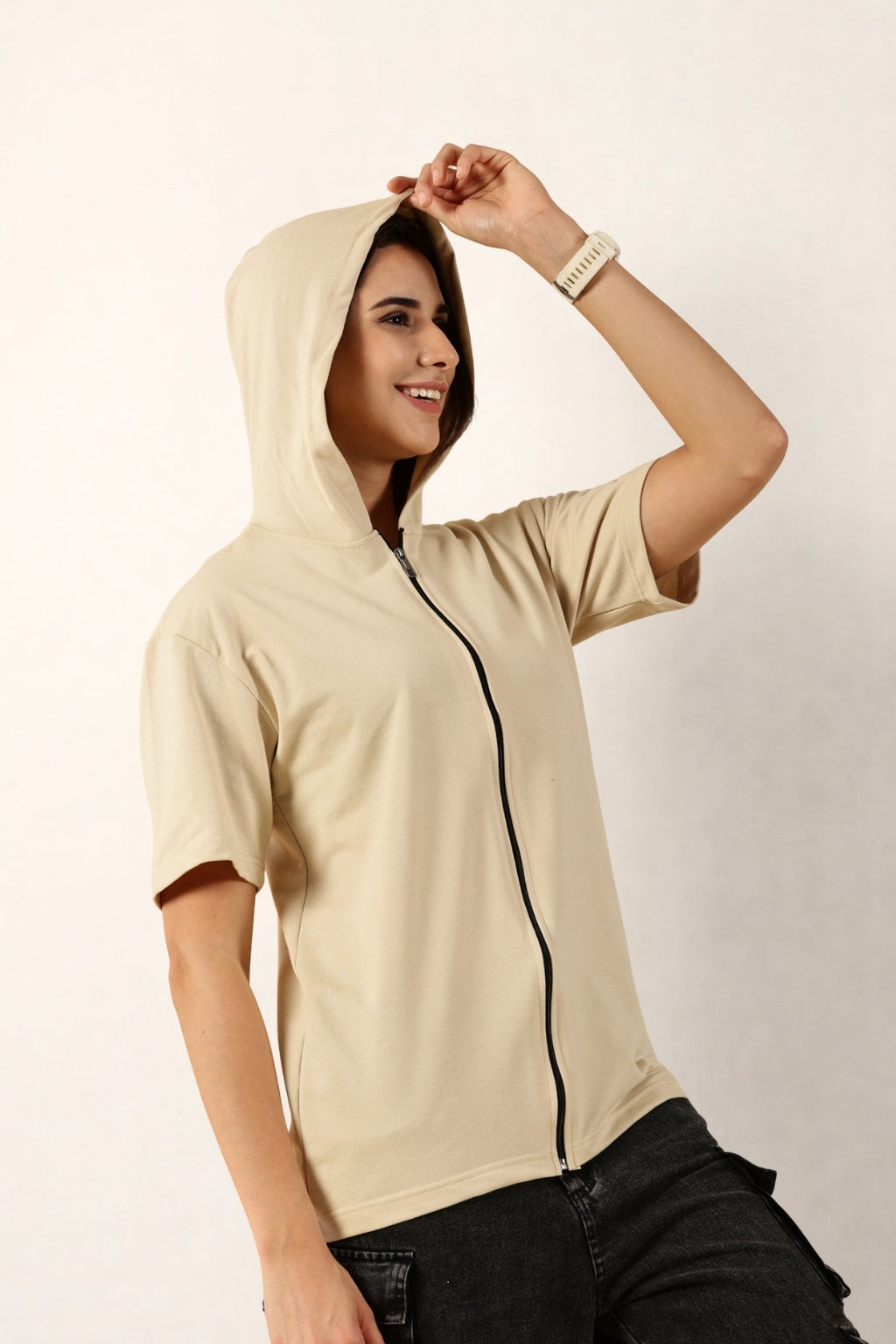 Half Sleeve Zip Hoodie | Cream