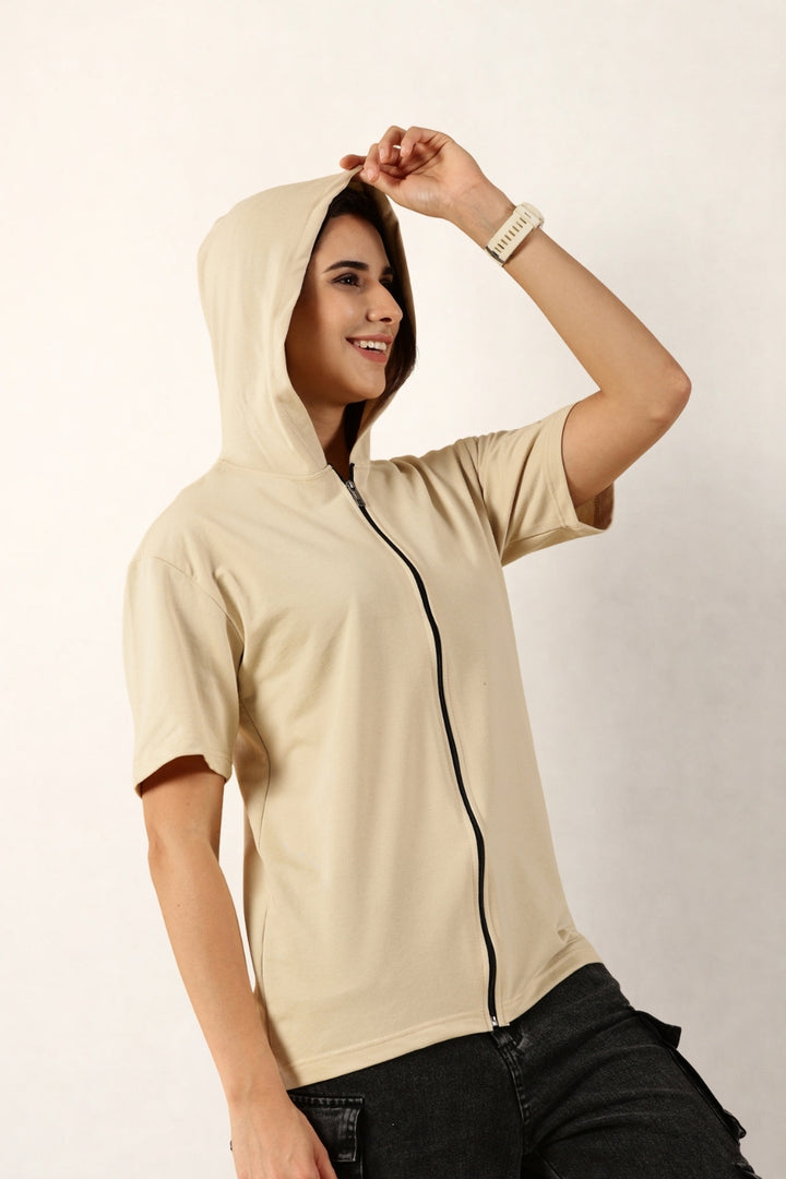 Half Sleeve Zip Hoodie | Cream