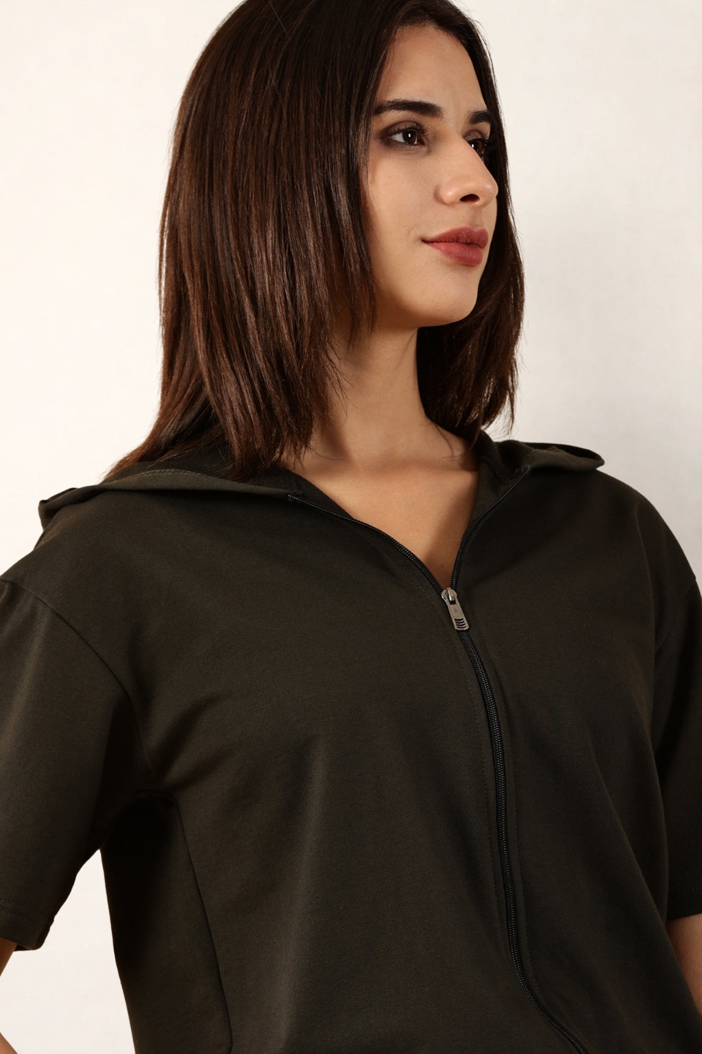 Half Sleeve Zip Hoodie | Olive