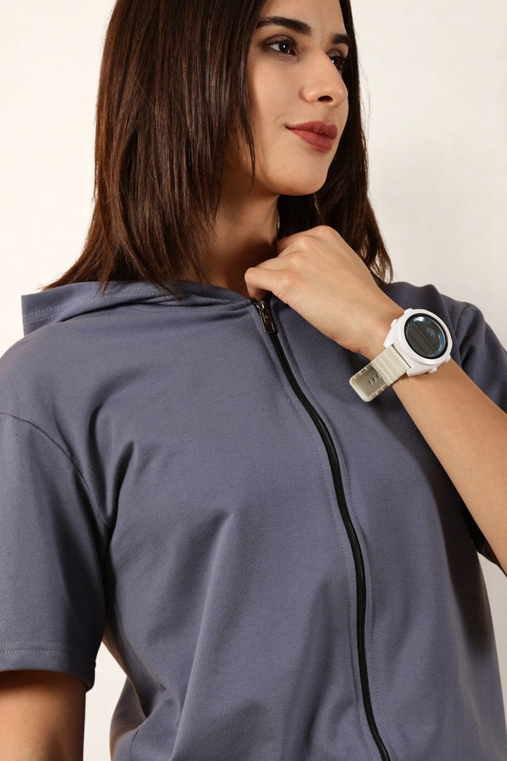 Half Sleeve Zip Hoodie | Blue
