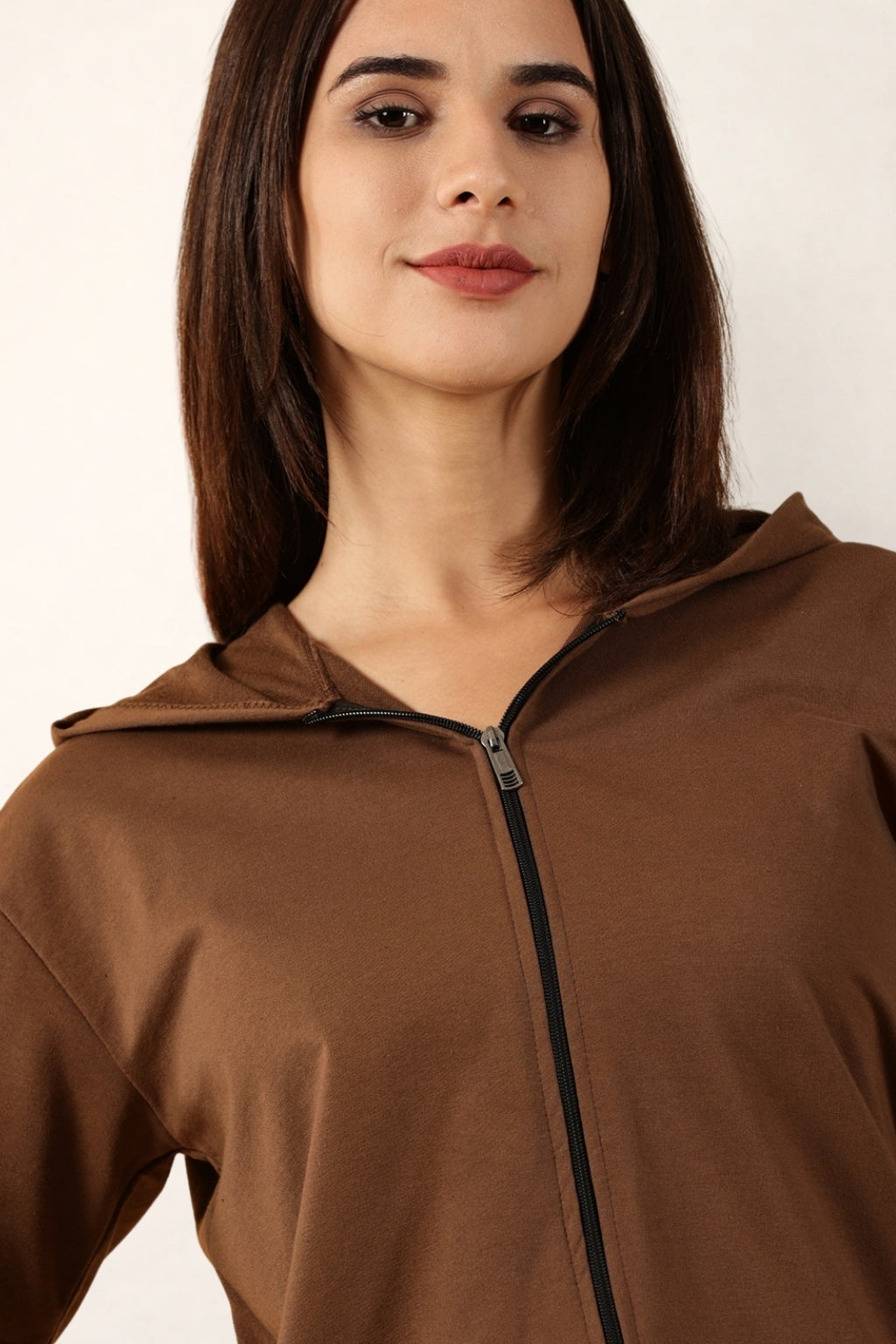Half Sleeve Zip Hoodie | Brown