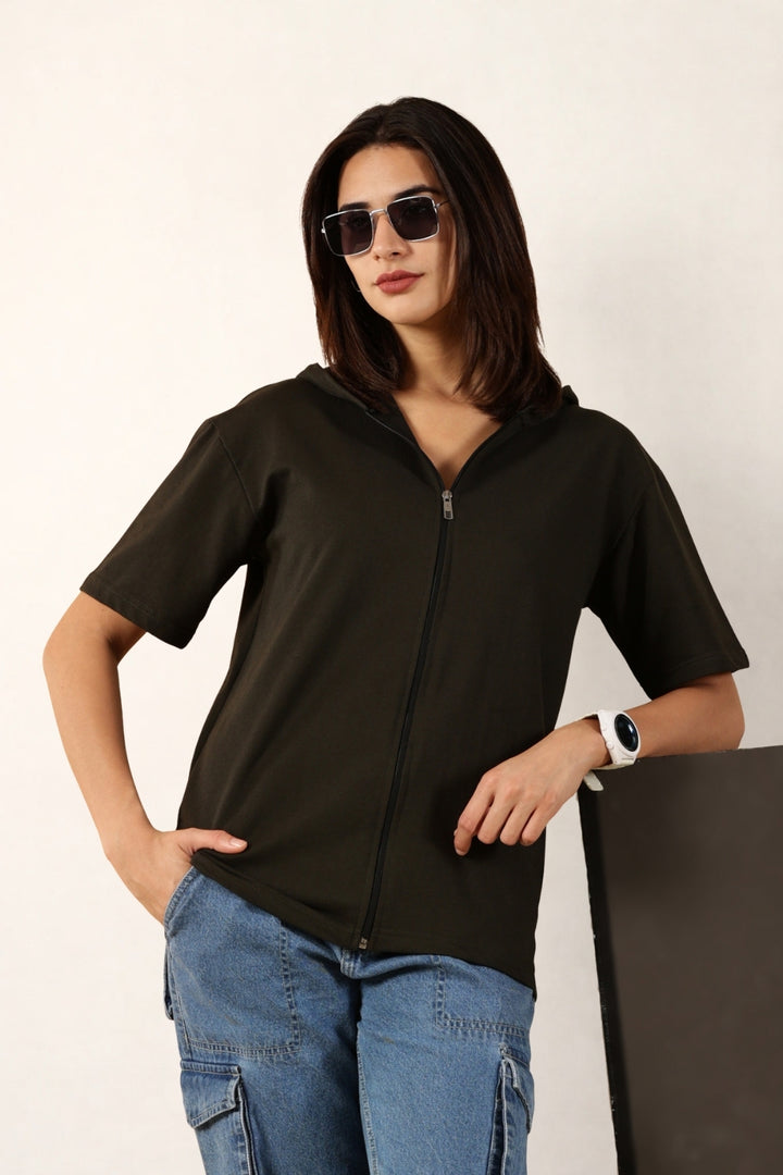 Half Sleeve Zip Hoodie | Olive