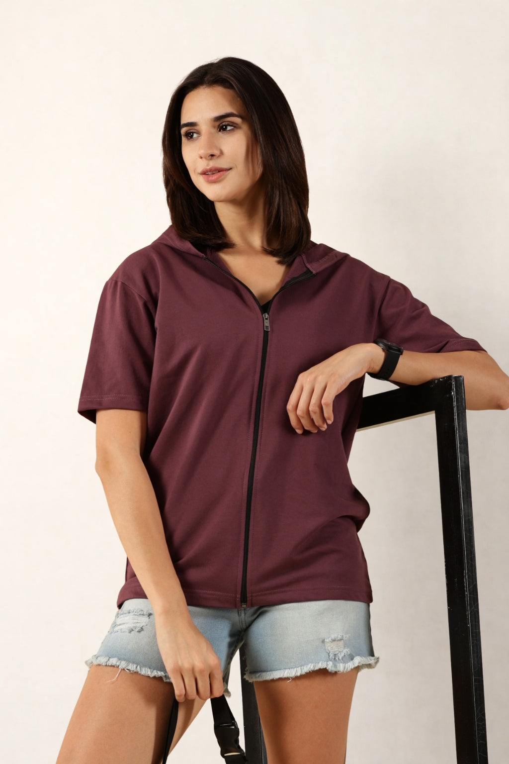 Half Sleeve Zip Hoodie | Mauve