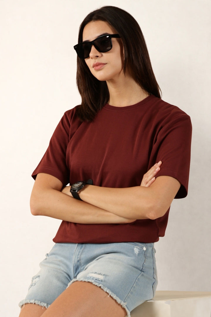 Women Maroon T-Shirt | Round Neck