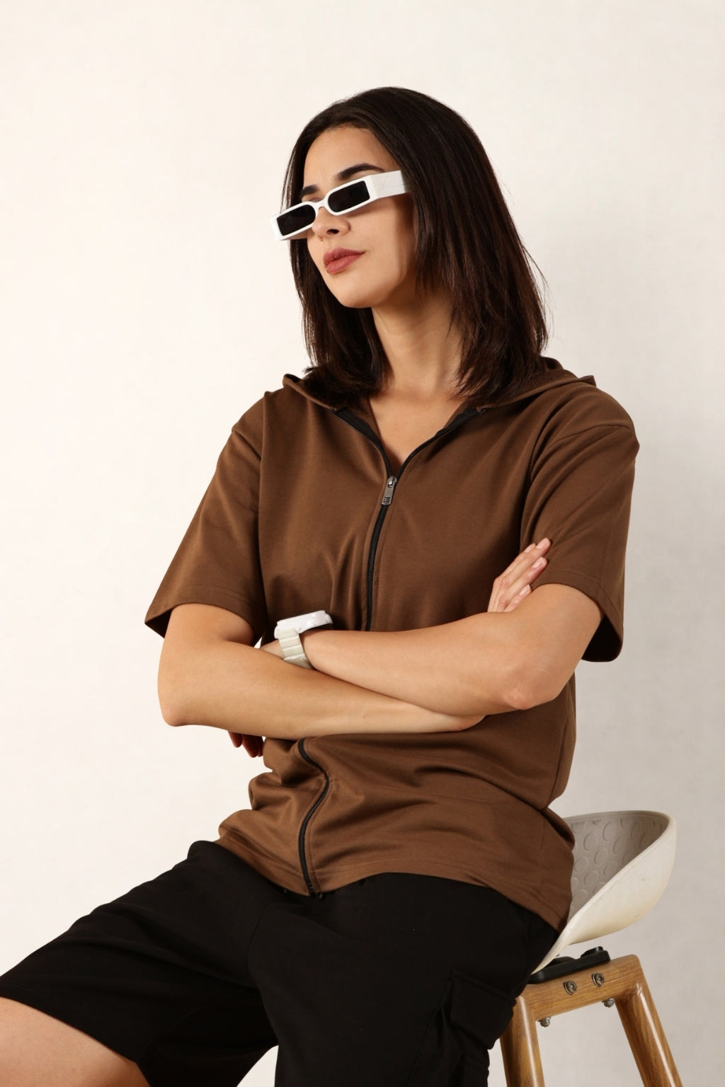 Half Sleeve Zip Hoodie | Brown