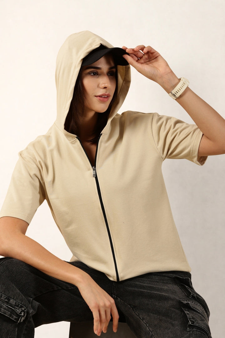 Half Sleeve Zip Hoodie | Cream