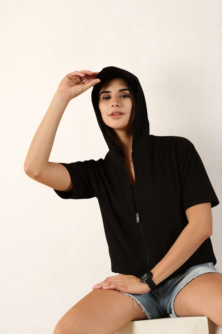 Half Sleeve Zip Hoodie | Black