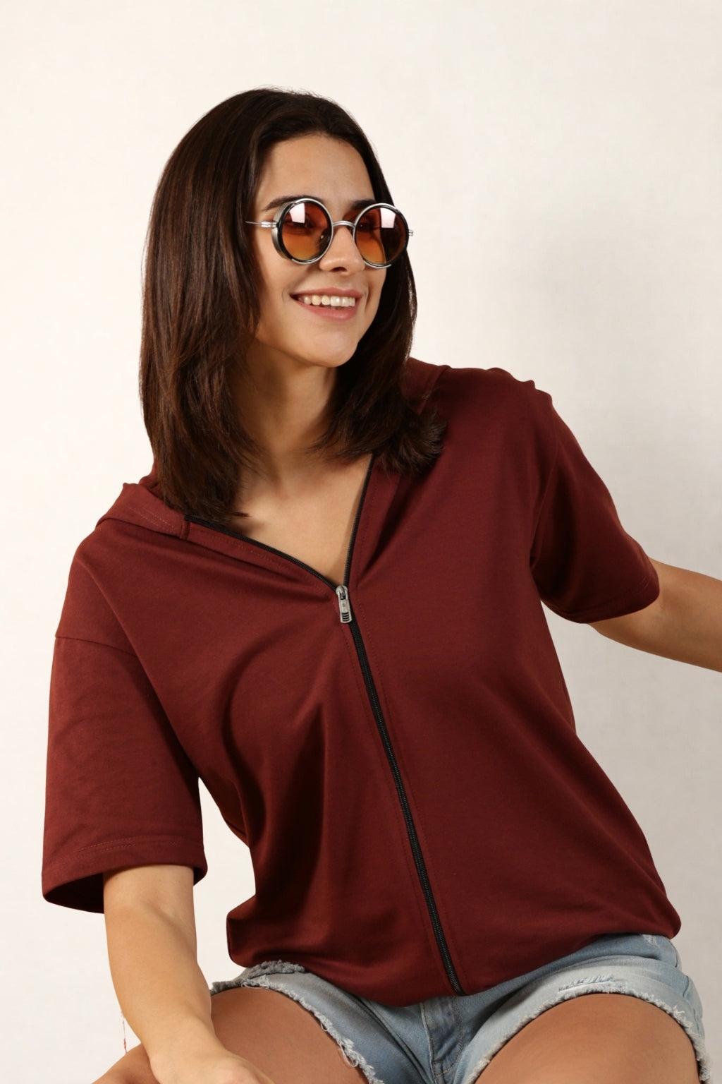Half Sleeve Zip Hoodie | Maroon
