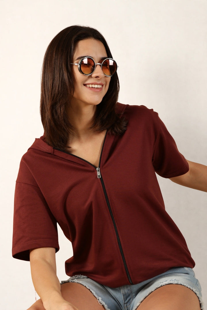 Half Sleeve Zip Hoodie | Maroon