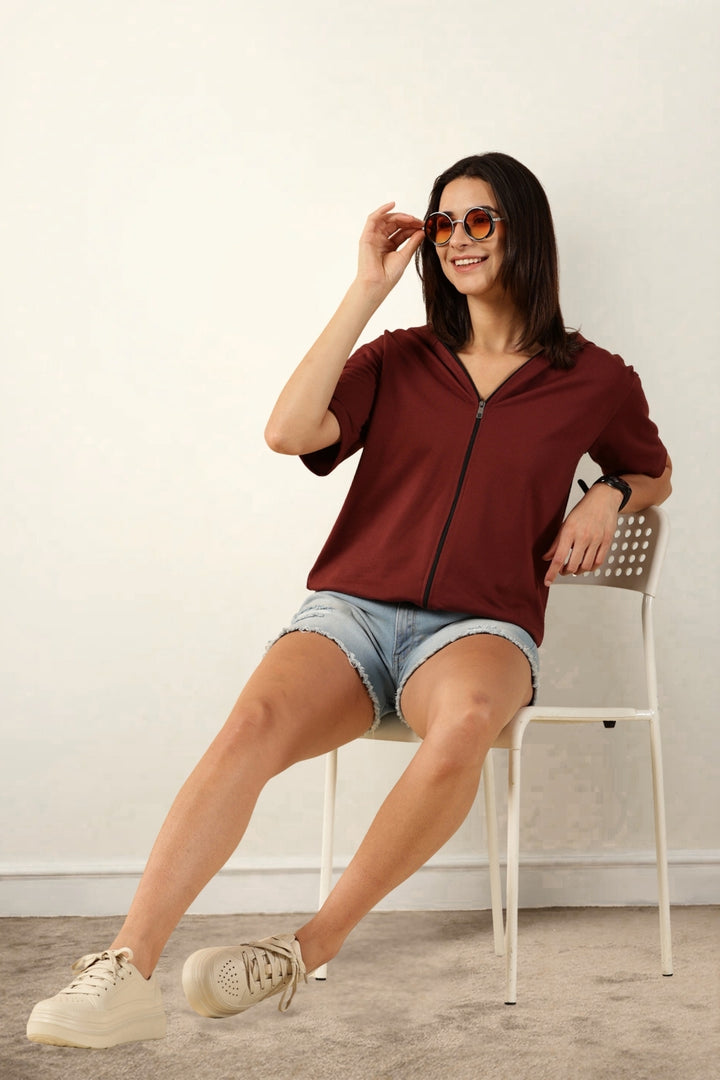 Half Sleeve Zip Hoodie | Maroon