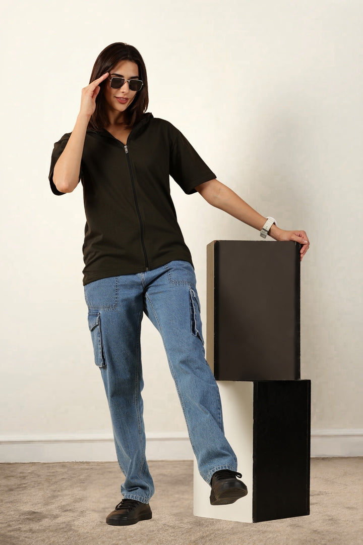 Half Sleeve Zip Hoodie | Olive