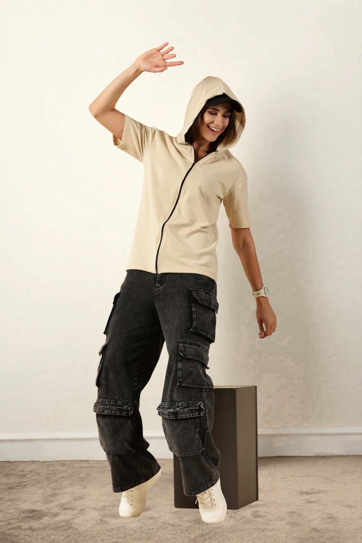 Half Sleeve Zip Hoodie | Cream