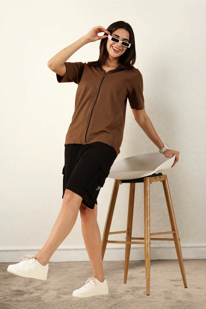 Half Sleeve Zip Hoodie | Brown