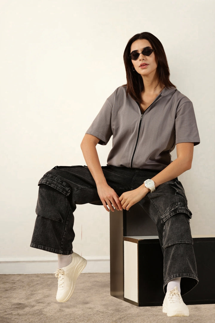 Half Sleeve Zip Hoodie | Grey